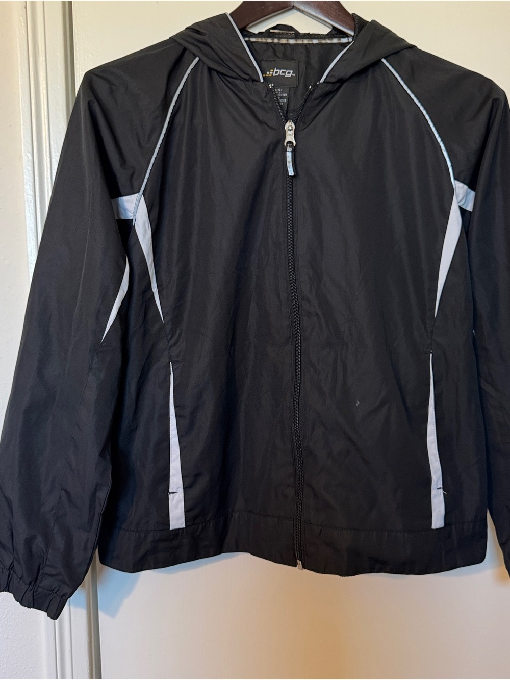 bcg Black Hooded Kids' Rain Jacket with White Trim